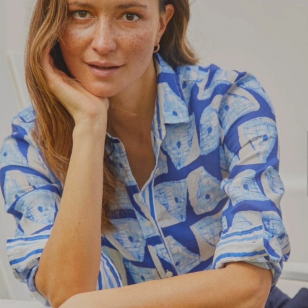 J.McLaughlin Lois Linen Shirt Ikat Triangle Stripes Blue White S